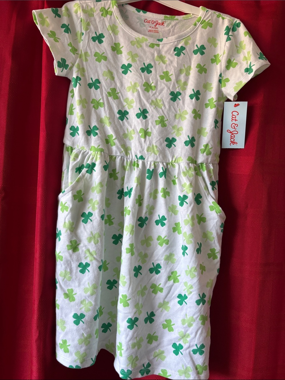 Cat & Jack White Dress with Green Clover Print and Pockets